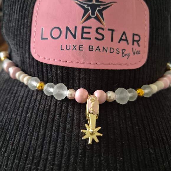 Handmade Western Beaded Hat Band Pink/Gold w/ Spur Charm - Picture 4 of 4